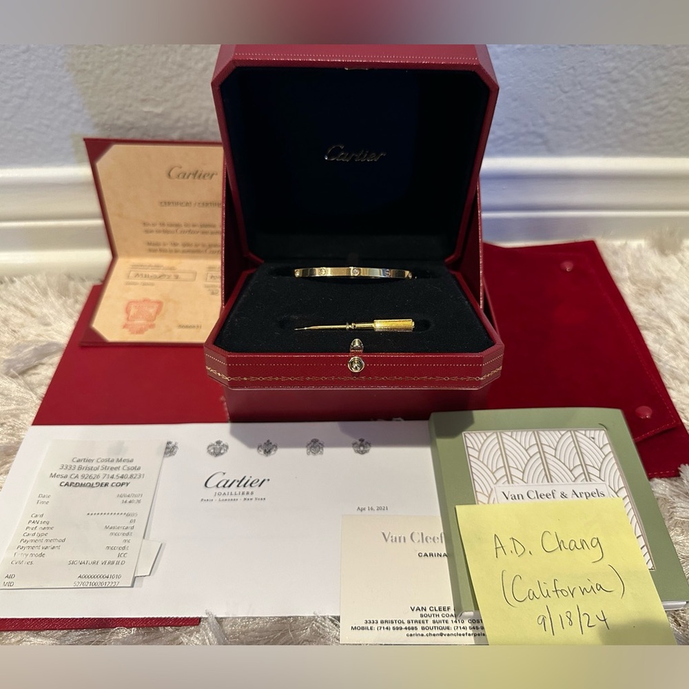 SOLD! Cartier 18k YG Love Bracelet (thin band) with 6 diamonds.
